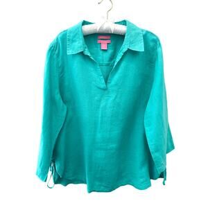 ISAAC MIZRAHI 100% Linen Tunic Top Turquoise Split Neck Collared Blouse | XL
